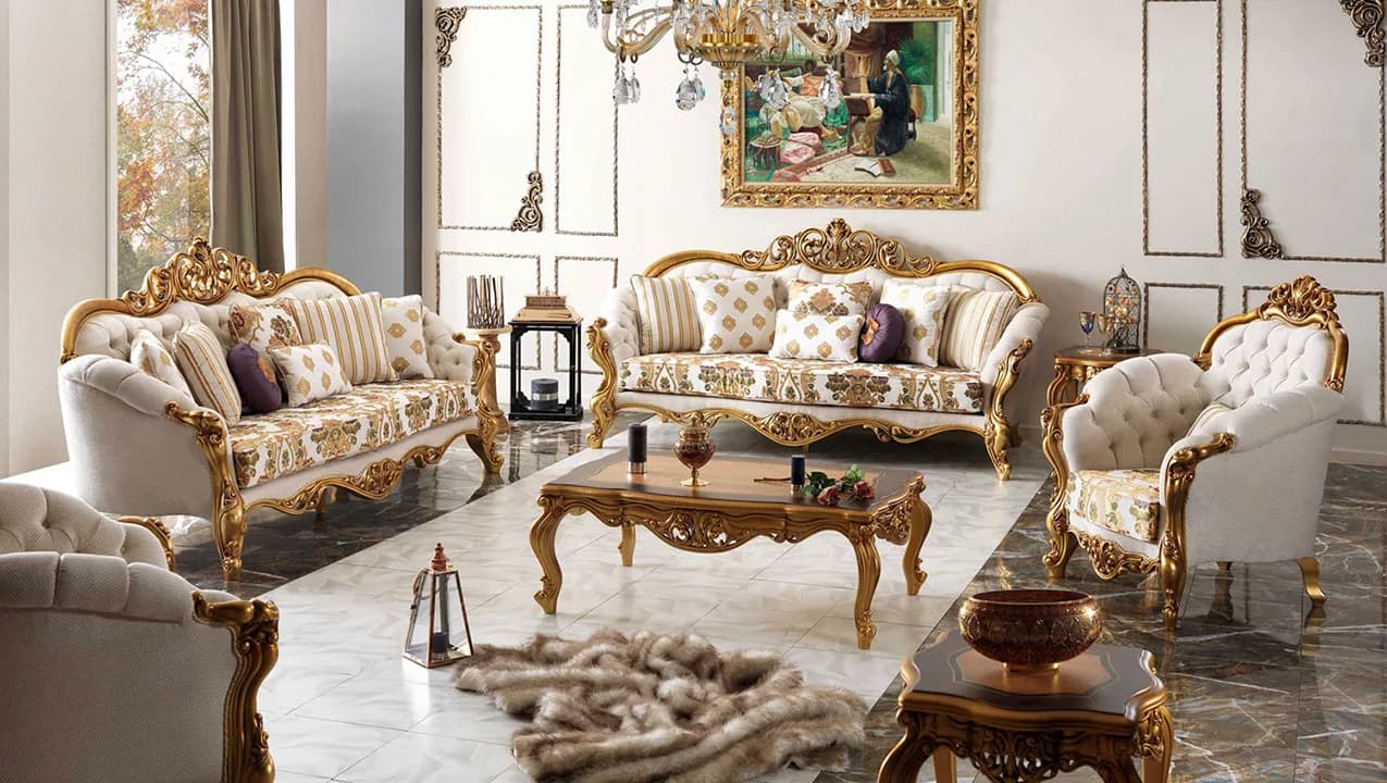 Baroque‑Style Living Room Suite — Sofa, Loveseat, Armchair & Tables