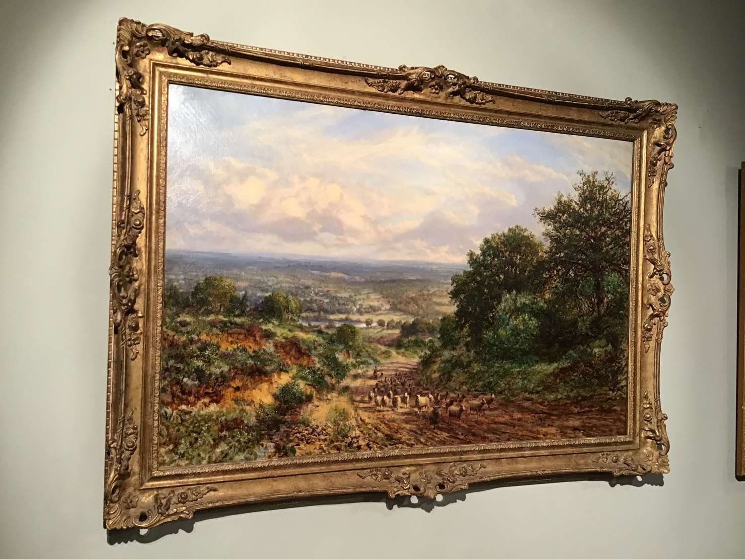 Gilt‑Framed Landscape Oil on Canvas — Pastoral Valley Scene
